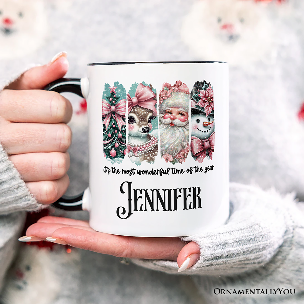 Coquette Pink Christmas Personalized Mug, It's The Most Wonderful Time Of The Year Vintage Gift with Custom Name