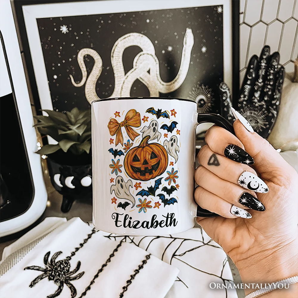Pumpkin Ghosts Coquette Bow Personalized Mug, Retro Fall Spooky Gift with Custom Name