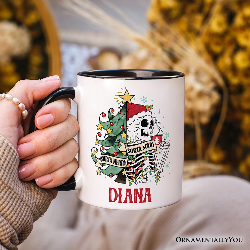 Sorta Merry Christmas Skeleton Personalized Mug, Sarcastic Holiday Gift with Custom Name
