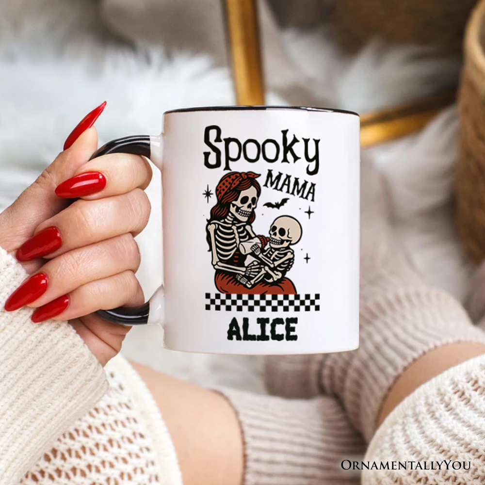 Spooky Mama Skeleton Halloween Personalized Mug, Momster Retro Checkered Gift with Custom Name
