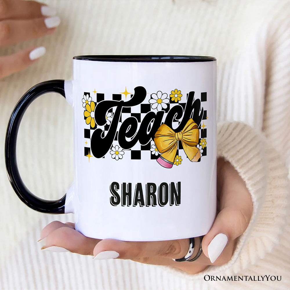 Teach Checkered Coquette Bow Personalized Mug, Retro Gift for Trendy Teachers with Custom Name