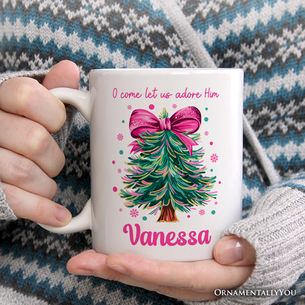 Glitter Christmas Tree Coquette Bow Personalized Mug, O Come Let Us Adore Him Holiday Gift with Custom Name