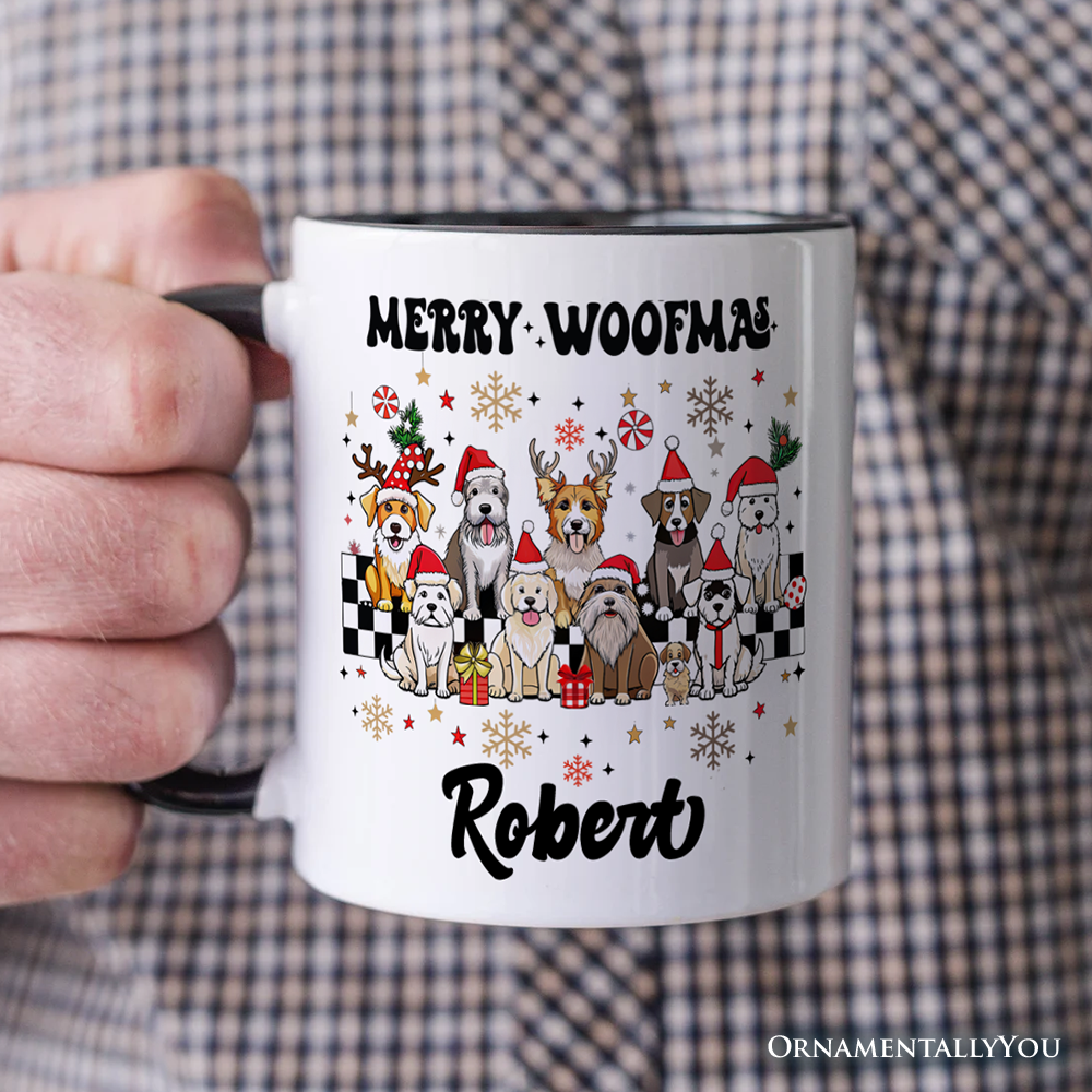 Merry Woofmas Dog Mama Personalized Mug, Dogs With Santa Hats Christmas Gift with Custom Name