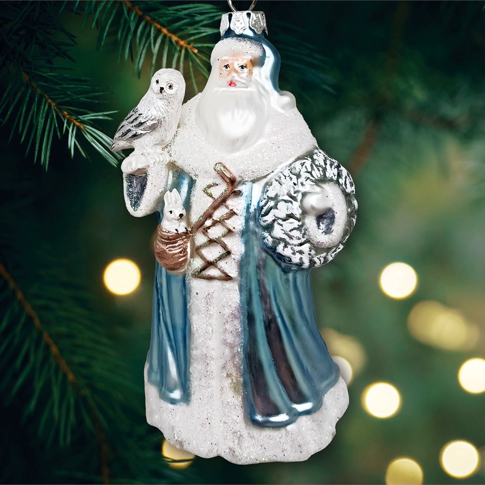 Arctic Whispers Santa Glass Christmas Ornament, Snowy Winter Theme with Light Blue Robe
