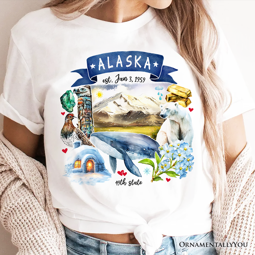 Artistic Alaska State Themes and Landmarks T-Shirt, Tee for History and Travel Lovers