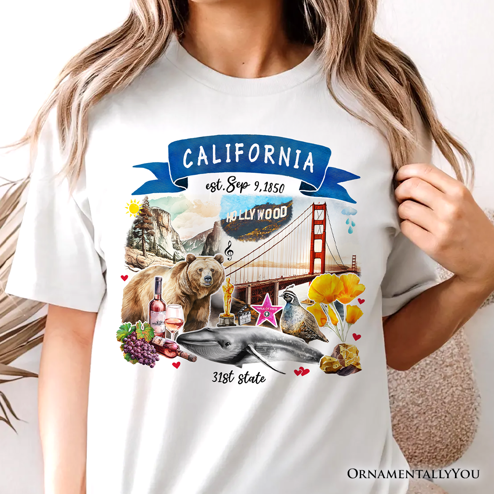 Artistic California State Themes and Landmarks T-Shirt, Tee for History and Travel Lovers