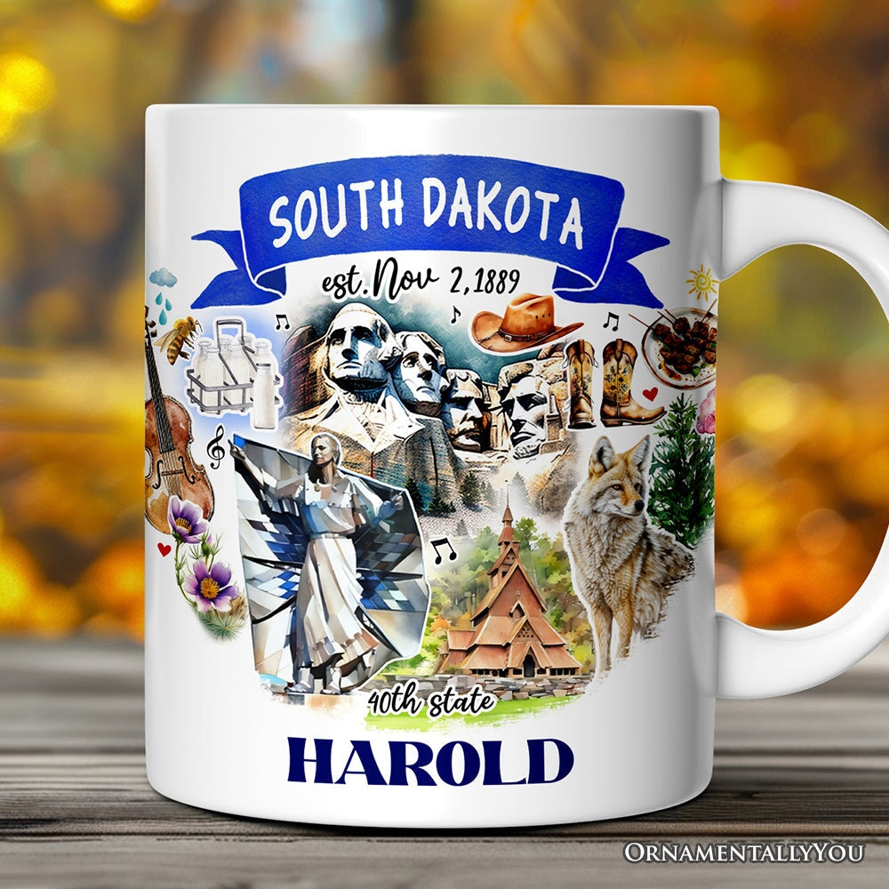 Artistic South Dakota State Themes and Landmarks Personalized Mug With Custom Name