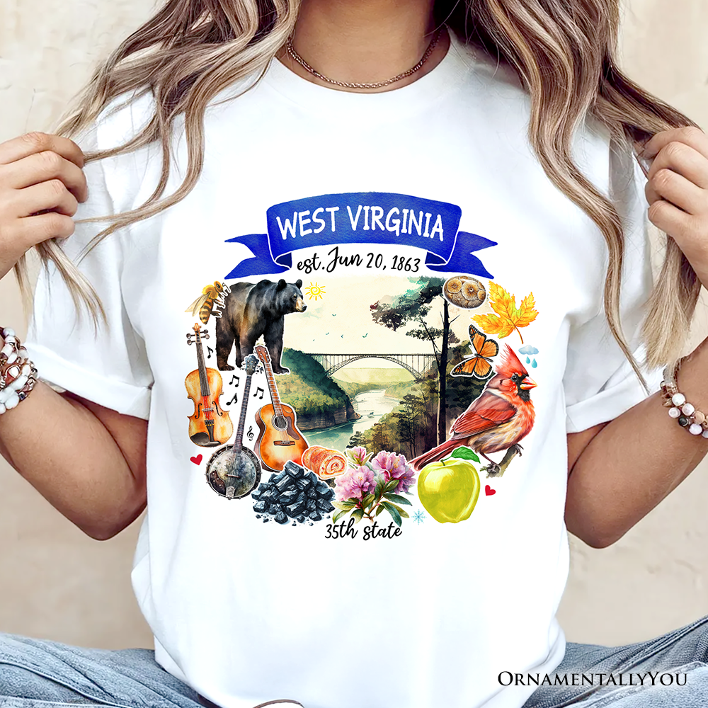 Artistic West Virginia State Themes and Landmarks T-Shirt, Tee for History and Travel Lovers