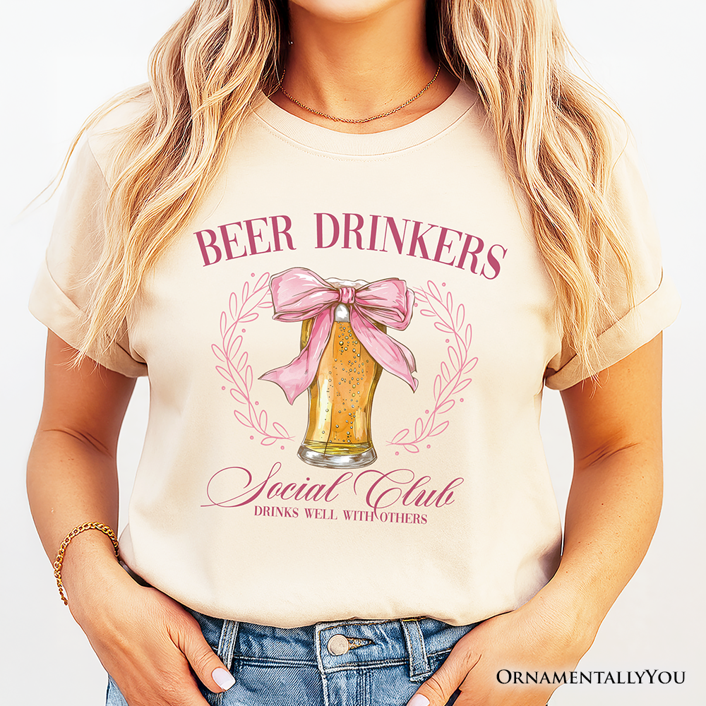 Beer Drinkers Social Club T-Shirt, Coquette Pink Bow Tee for Girly Summer Bachelorette Vibes