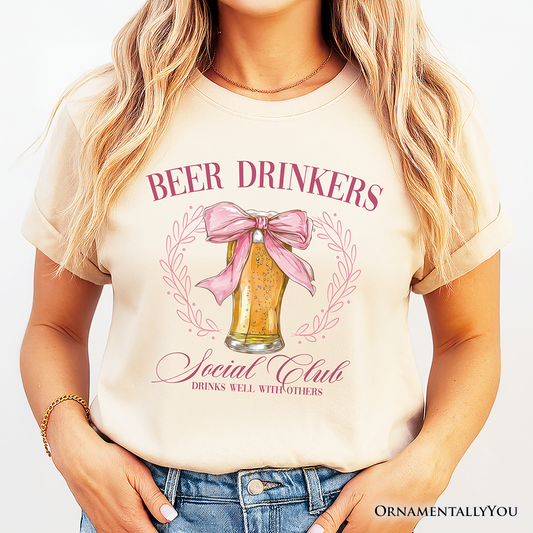 Beer Drinkers Social Club T-Shirt, Coquette Pink Bow Tee for Girly Summer Bachelorette Vibes