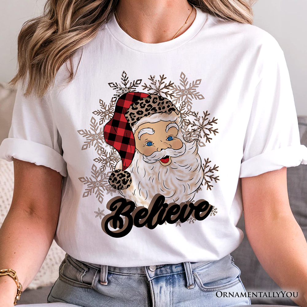 Believe Santa Buffalo Plaid T‑Shirt, Retro Christmas Tee