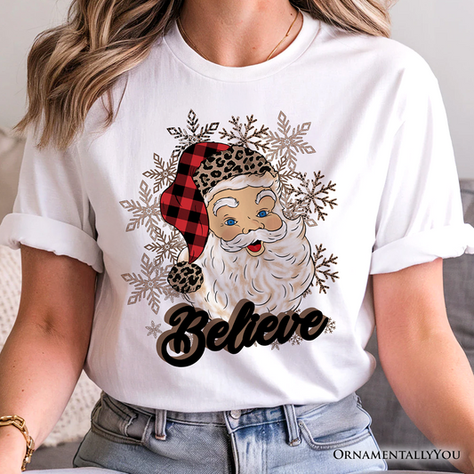 Believe Santa Buffalo Plaid T‑Shirt, Retro Christmas Tee