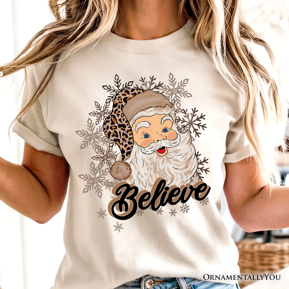 Believe Santa Cheetah Leopard T‑Shirt, Retro Christmas Tee