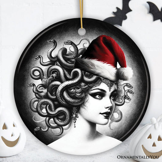 Bewitching Medusa with Santa Hat Ornament, Alluring Christmas Decoration for Halloween Tree Keepsake