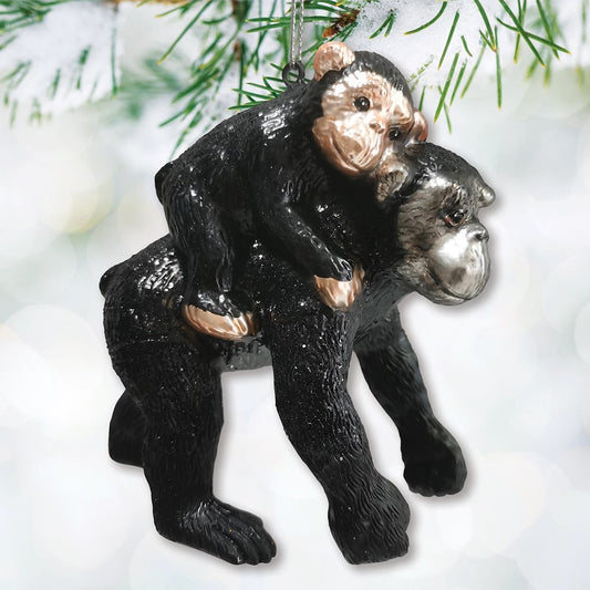 Charming Gorilla Family Kinship Glass Ornament, Mother and Baby Animal Christmas Tree Decor