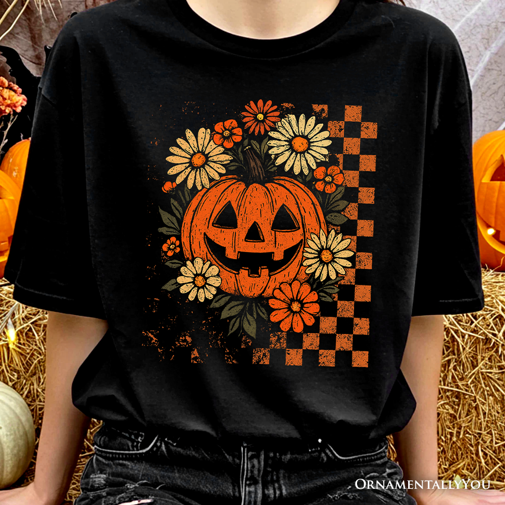 Checkered Floral Pumpkin T-Shirt, Retro Preppy Halloween Tee for Spooky Season Vibes