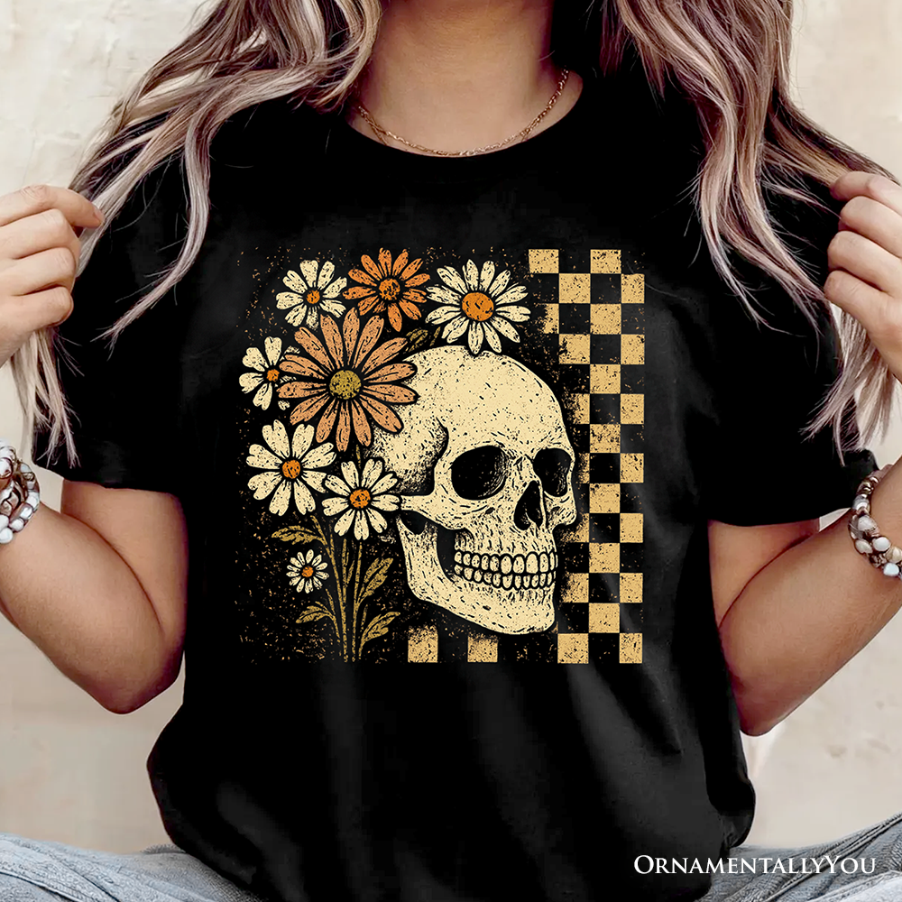 Checkered Floral Skeleton T-Shirt, Vintage Skull Daisy Halloween Tee