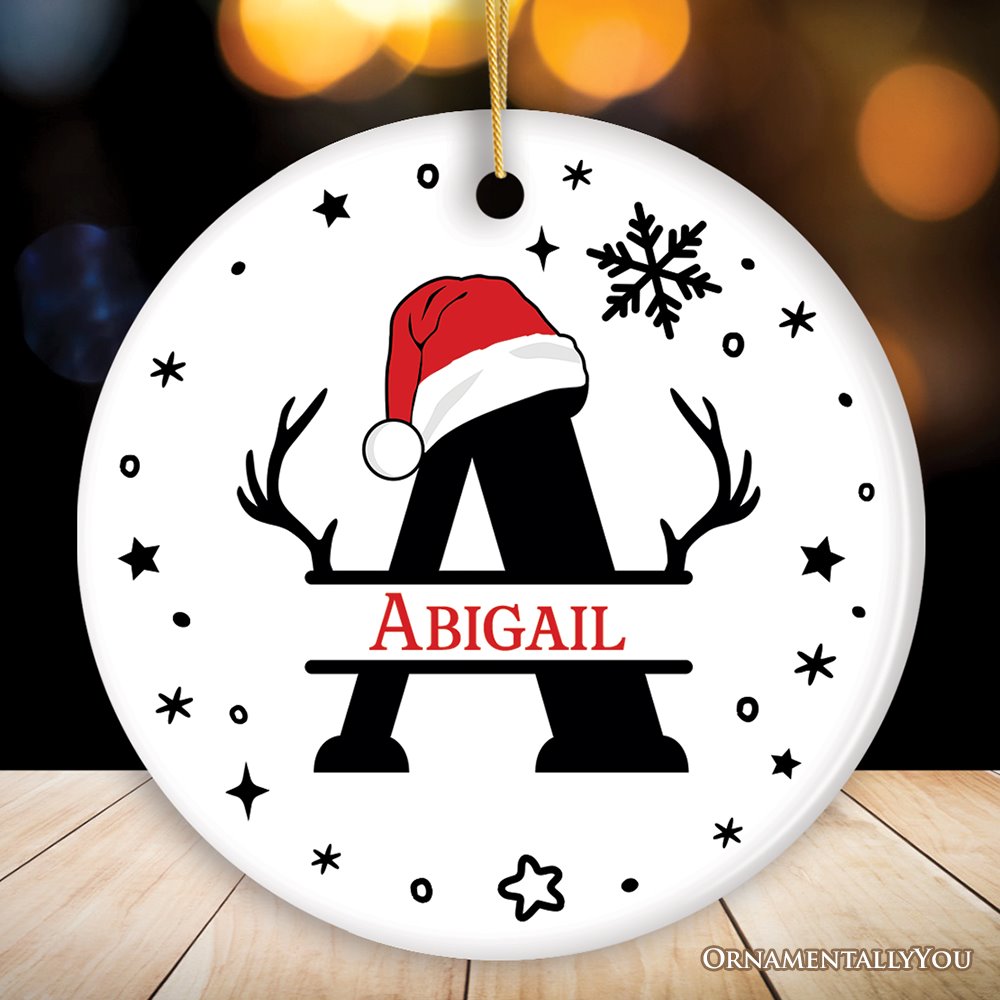 Christmas Split Monogram Alphabet with Antler and Santa Hat Personalized Ornament, Custom Name