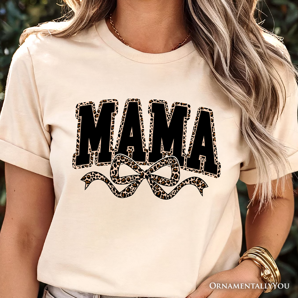 Coquette Leopard Mama T-Shirt, Retro Bow Varsity Tee for Trendy Moms