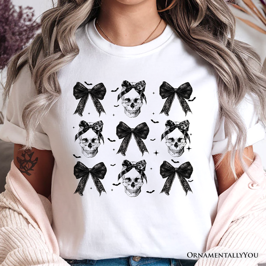 Coquette Skulls and Bows T-Shirt, Gothic Halloween Tee for Stylish Women