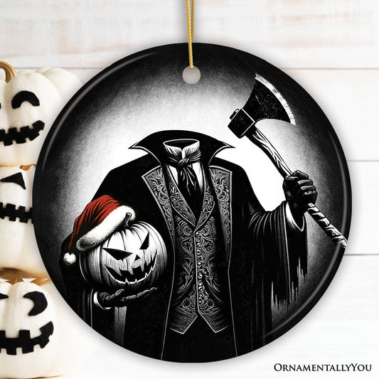 Creepy Headless Horseman And Pumpkin With Santa Hat Ornament, Horror Themed Christmas Decor for Halloween Tree