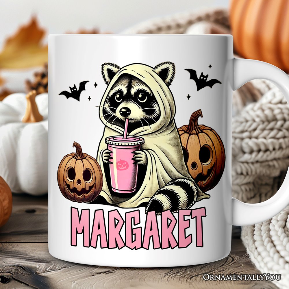 Cute Racoon Drinking Cup, Personalized Mug, Retro Halloween Gift with Custom Name