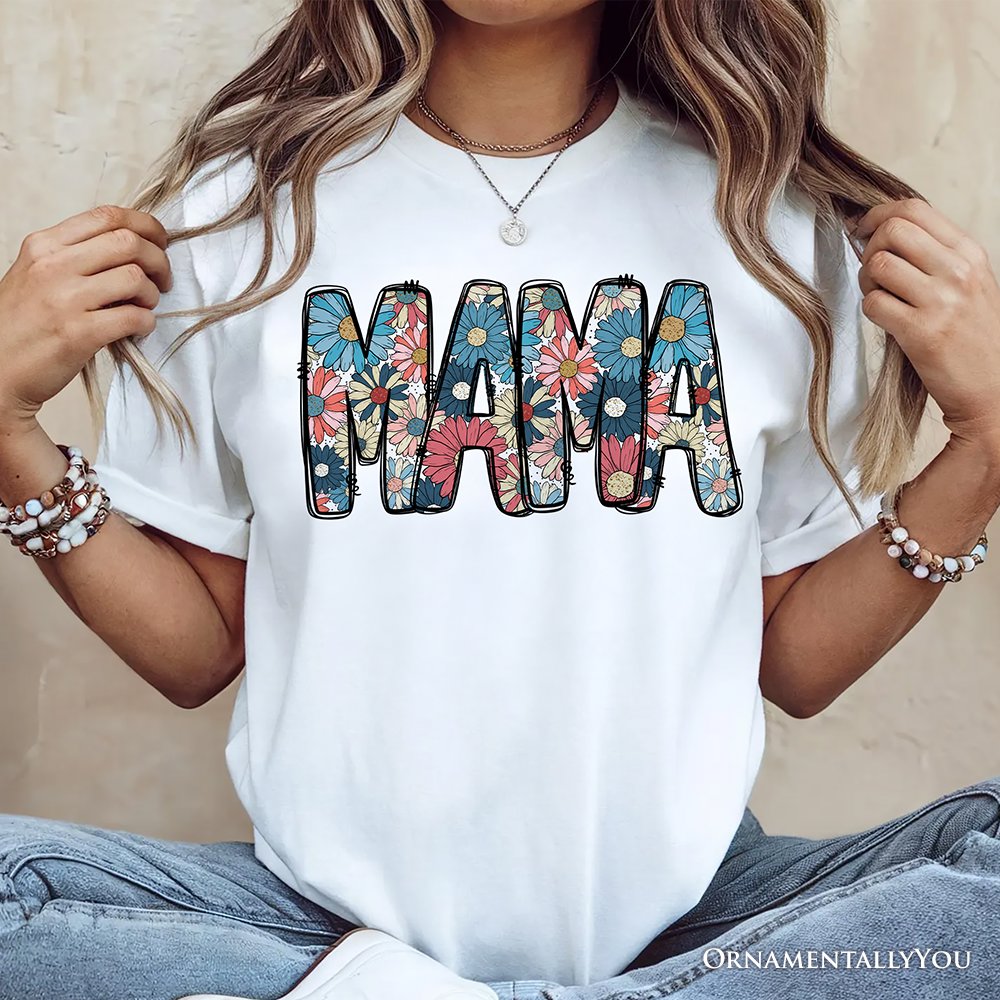 Daisy Floral Mama T-Shirt, Colorful Retro White Tee for Stylish and Cheerful Women
