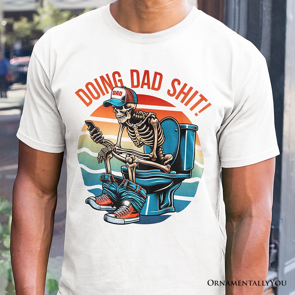 Doing Dad Stuff Skeleton T-Shirt, White and Black Funny Retro Tee for Bold Fathers