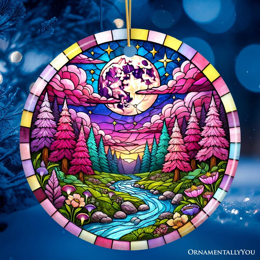 Enchanted Forest Glow Pink Themed Ornament, Mystical Moonlit Landscape Gift and Decor