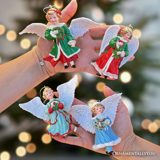 Enchanted Handpainted Angel Ornaments Set of 4, Vintage Angelic Christmas Tree Decorations