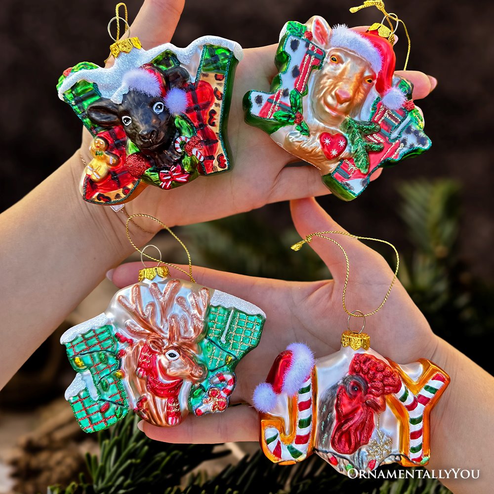 Farm Filled with Joy Set of 4 Glass Christmas Ornaments, Goat, Chicken, Calf and Deer Tree Decorations
