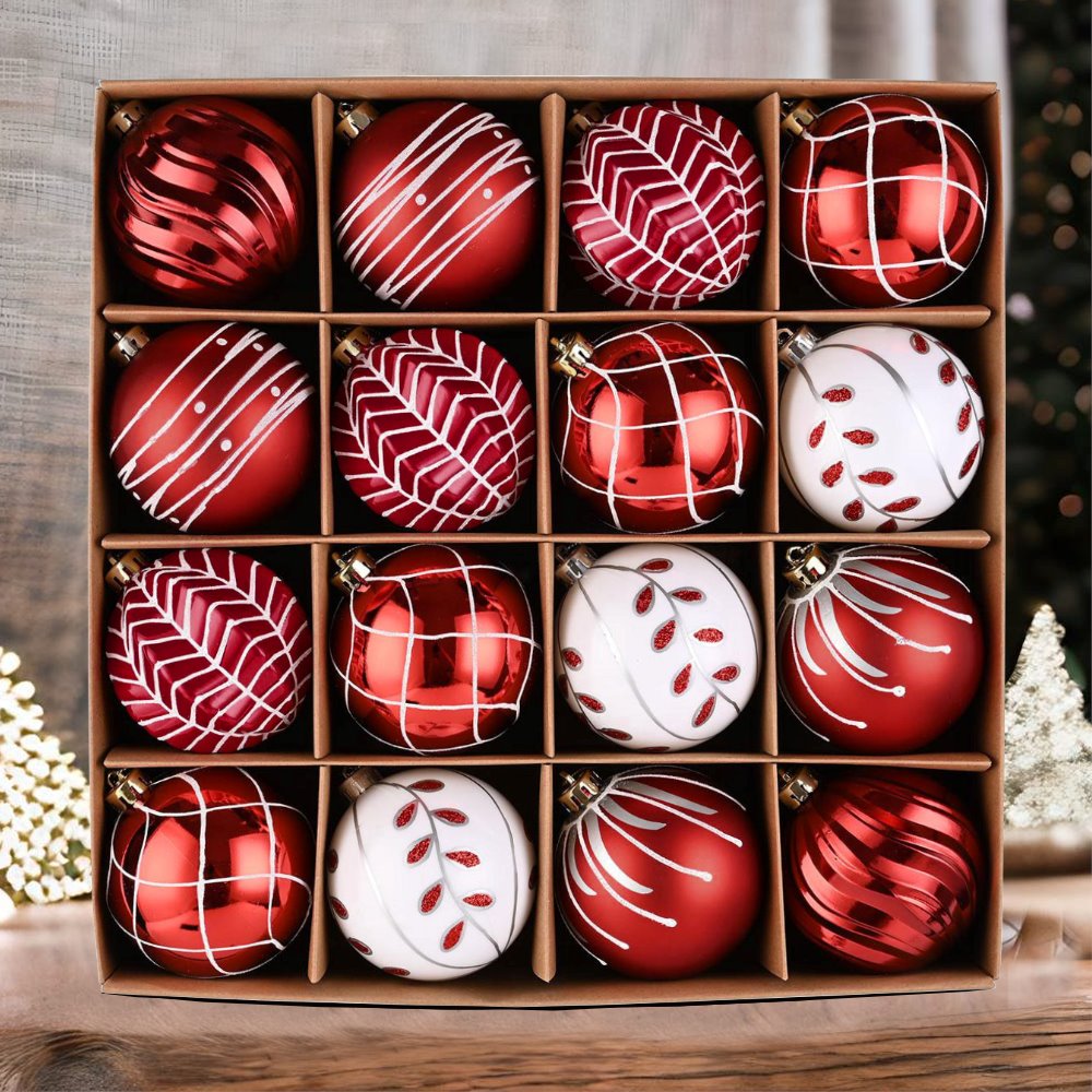 Festive Christmas Ball Set, 16 Ornaments with Varied and Refined Red Colors Packaged