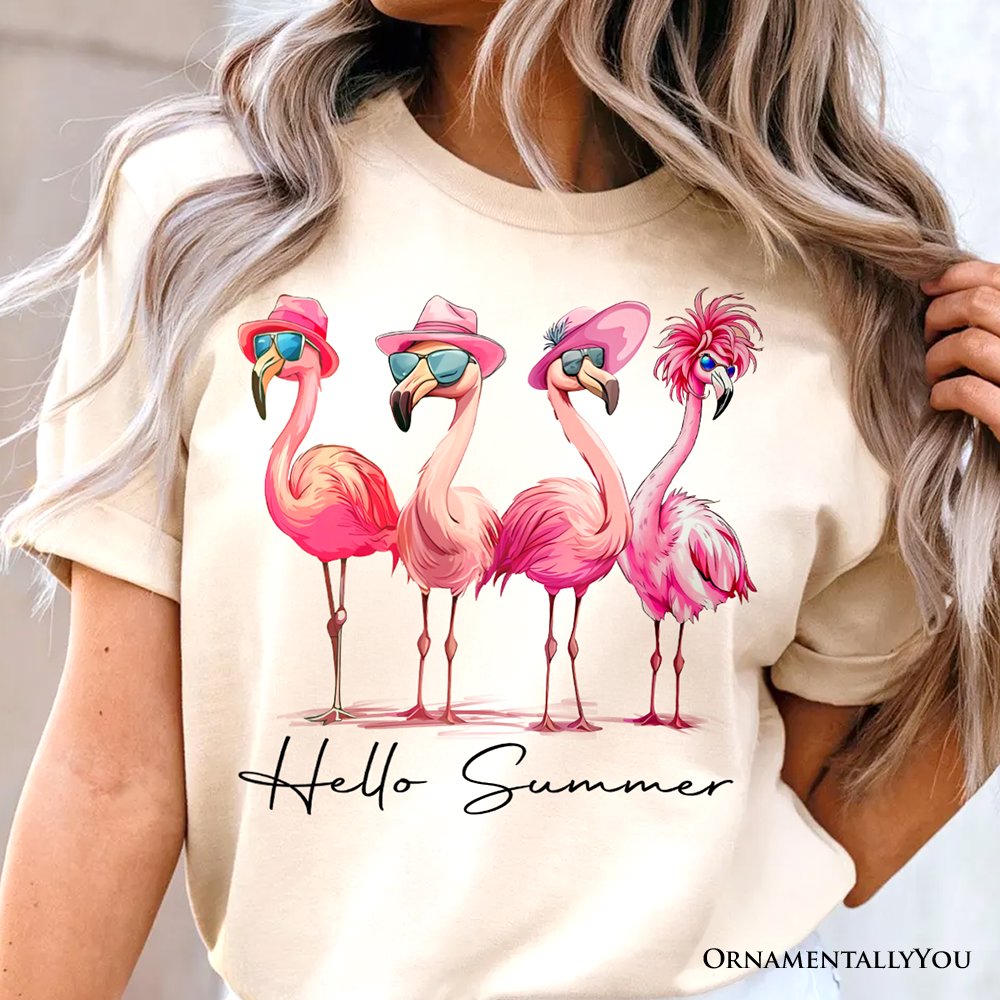 Flamingo Hello Summer T-Shirt, White and Natural Retro Tee with Tropical Birds