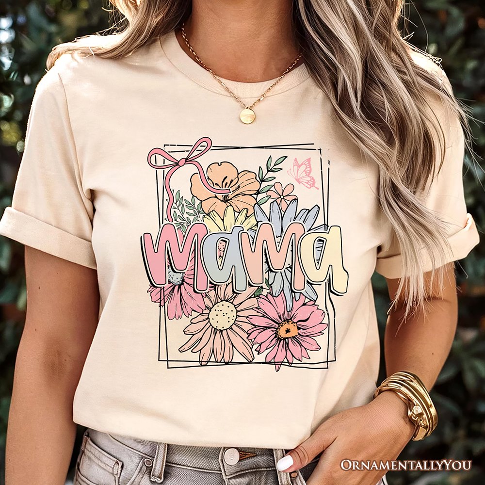 Floral Mama Coquette Bow Pastel T-Shirt, White and Natural Boho Tee With Spring Flower