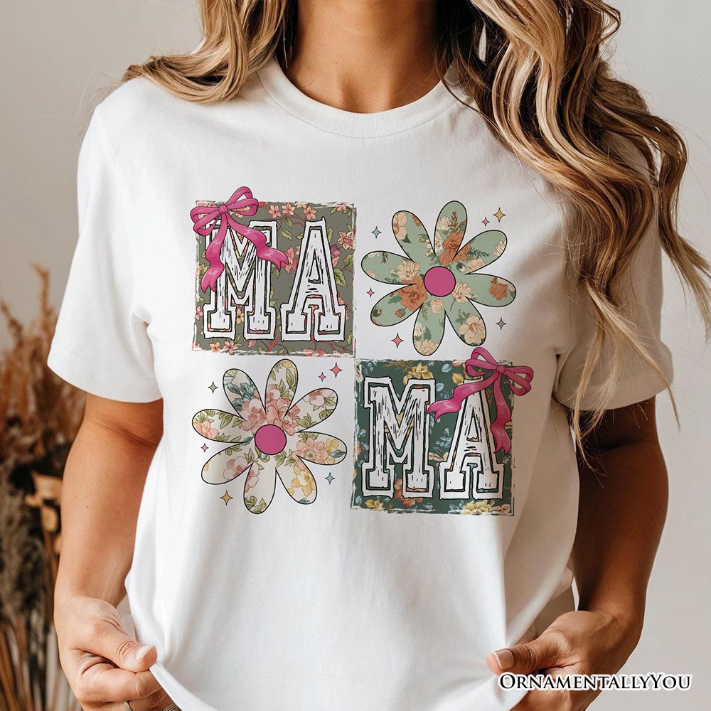 Floral Mama Coquette T-Shirt, White and Natural Boho Tee for Sweet and Stylish Moms