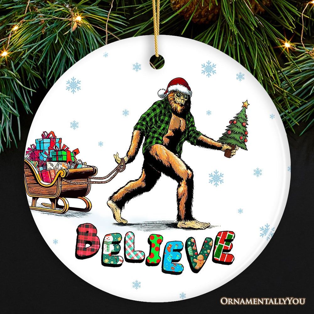 Funny Big Foot Believe Christmas Ornament, Sasquatch Humor Holiday Decor