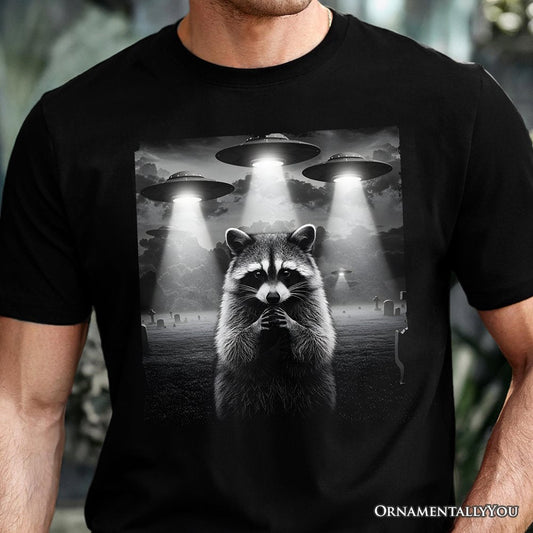 Funny Raccoon UFO T-Shirt, Unisex Black Tee for Space Lover