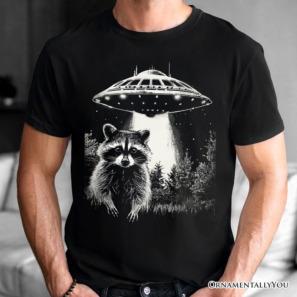 Funny UFO Raccoon T-Shirt, Black Unisex Tee for Alien Enthusiasts