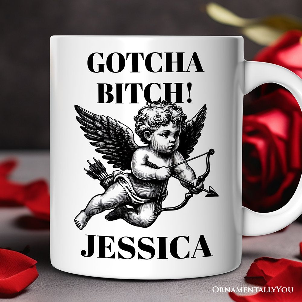 Funny Valentine's Day Cupid Personalized Mug, Vintage Sarcastic Gift With Custom Name