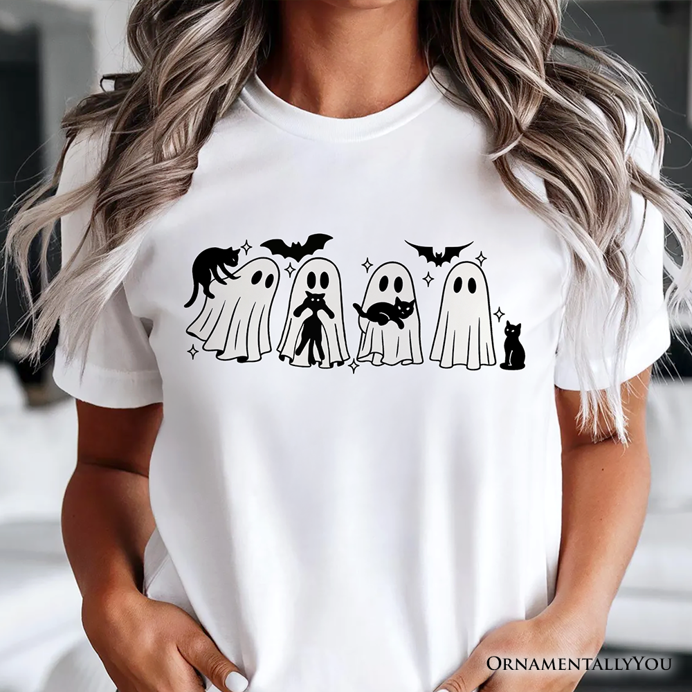 Ghosts and Cats Spooky T-Shirt, Whimsical Halloween Tee for Cozy Autumn Season