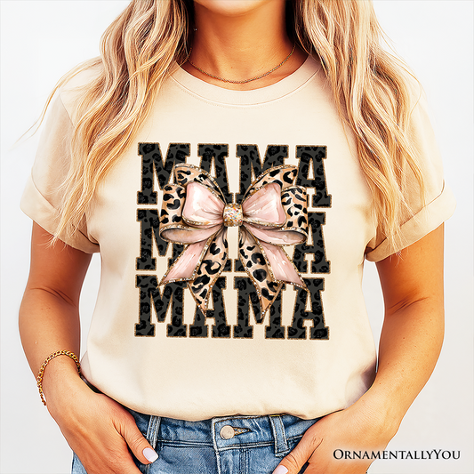Glitter Leopard Mama T-Shirt, Coquette Bow Tee for Glam and Trendy Mothers