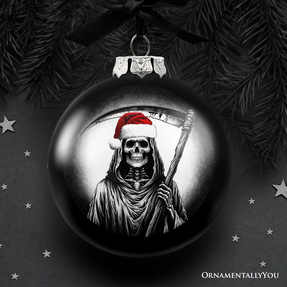 Grim Reaper Christmas Spooky Portrait Glass Ornament, Black Horror Halloween Tree Decoration