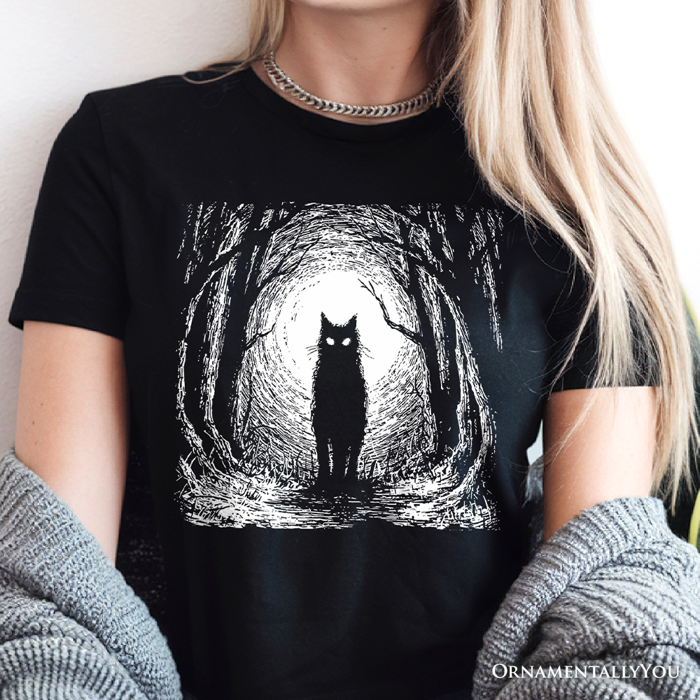 Haunted Forest Black Cat T-Shirt, Spooky Halloween Night Tee