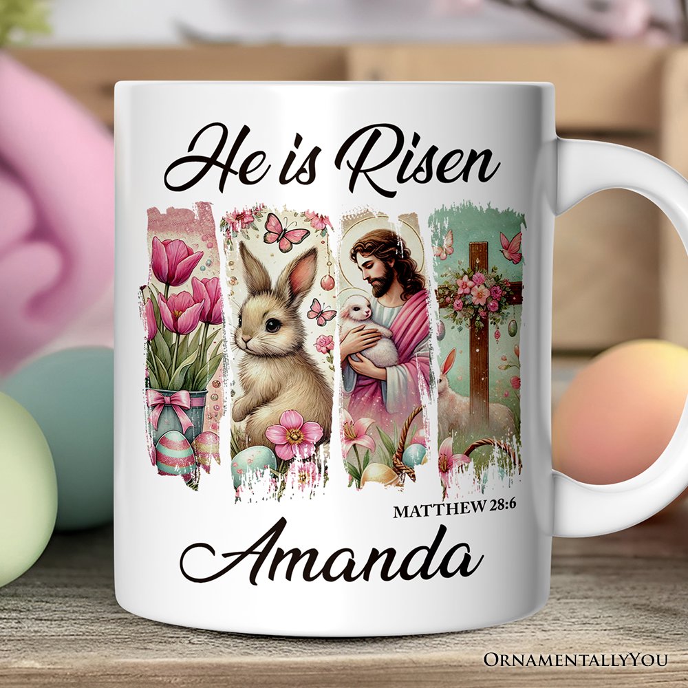 He Is Risen Easter Jesus Personalized Mug, Matthew 28:6 Christian Gift With Custom Name