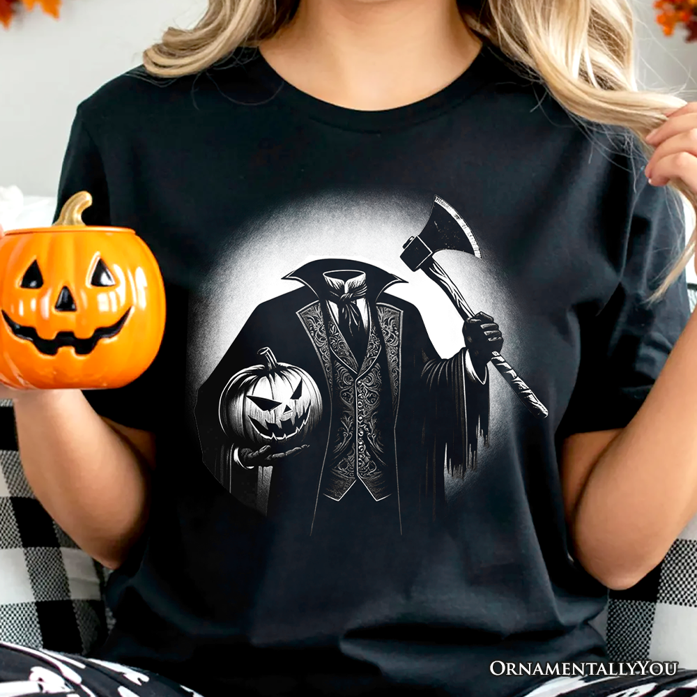 Headless Horseman Spooky Portrait T-Shirt, Horror Villain Theme Halloween Tee