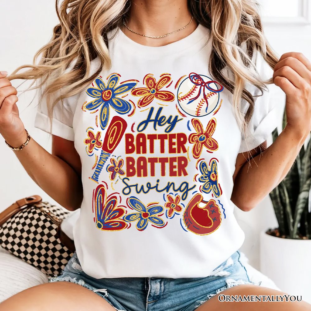 Hey Batter Batter Swing T-Shirt, Retro White and Natural Baseball Tee with Floral Accents