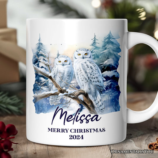 Snowy Owl Personalized Mug, Grand Arctic Majesty Christmas Gift With Custom Name and Date