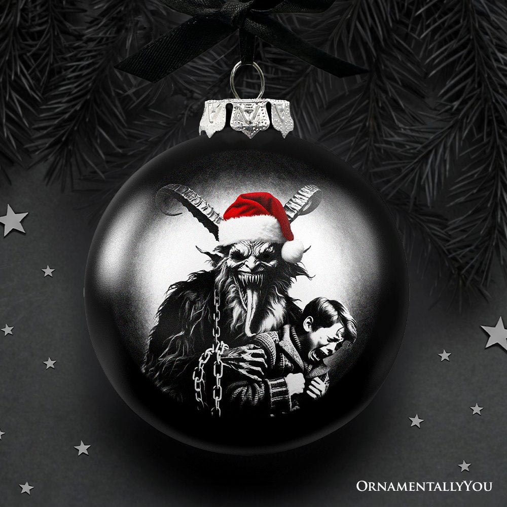 Krampus Christmas Spooky Portrait Glass Ornament, Black Horror Halloween Tree Decoration
