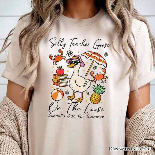 Last Day Teacher Goose T-Shirt, Tropical Summer Break Navy, White, and Natural Tee for Fun and Quirky Educators