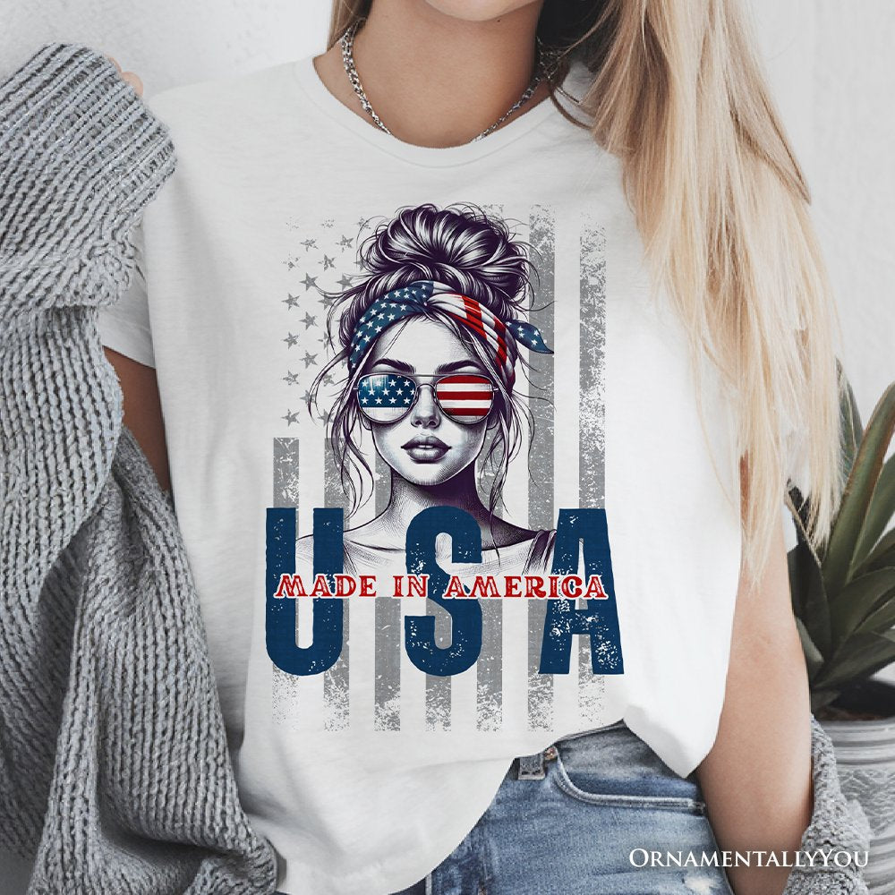 Made in America Messy Bun T-Shirt, Retro 4th of July White Patriotic Tee